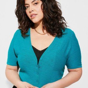 Torrid - Slub Cardigan Elbow Sleeve Shrug Sweater in Fanfare Turquoise / Teal